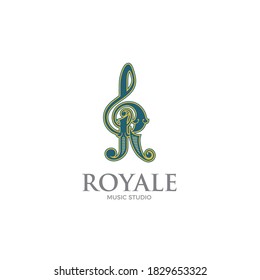 Vector illustration of letter r classic style with clef musical key symbol. Logo design concept 