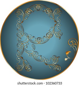Vector illustration. Letter R, gold floral design.