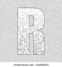 Vector illustration of letter R made of square grey mosaic. Vector alphabet, type, font with latin letters. Ornament with squares tiles for your floor, wall, bathroom, pool.