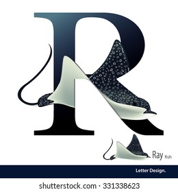 Vector illustration of Letter R is Ray fish alphabet. English abc with animals Education on White background.