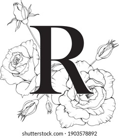 Vector illustration of letter R with roses. Floral monogram R. 