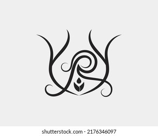 Vector illustration of the letter R symbol design surrounded by vines and a small rose at the bottom for decoration wedding