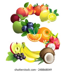 Vector illustration Letter S composed of different fruits with leaves