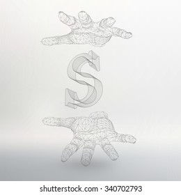 Vector illustration of letter S and hand of lines. Fonts of Mesh polygonal. The structural grid of polygons. Abstract Creative concept vector background. Polygonal design style letterhead and brochure