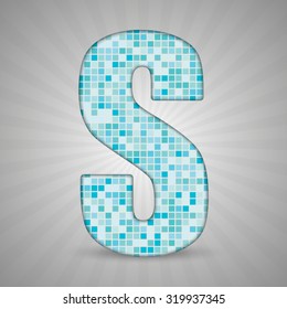 Vector illustration of letter S made of square blue mosaic. Vector alphabet, type, font with latin letters. Ornament with squares tiles for your floor, wall, bathroom, pool. 
