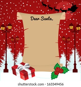 Vector illustration of a letter for Santa Claus in front of beautiful winter landscapr