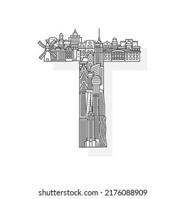 Vector illustration of the letter T consisting of buildings and houses. Trendy linear logo. Suitable for web, advertising, posters, banners and brochures.