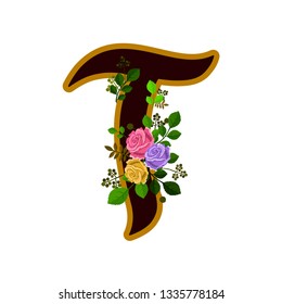 Vector illustration of letter T decorated with roses, isolated on white background