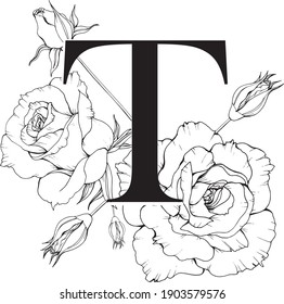 Vector illustration of letter T with flowers. Monogram T with roses. 