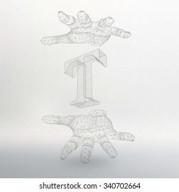 Vector illustration of letter T and hand of lines. Fonts of Mesh polygonal. The structural grid of polygons. Abstract Creative concept vector background. Polygonal design style letterhead and brochure