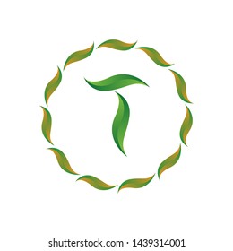 vector illustration letter t with leaf and circle nature icon logo design green color