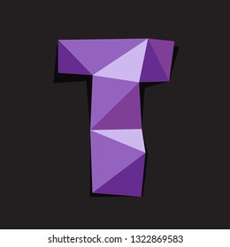 Vector illustration of letter T in origami style. Polygonal Colorful Letter isolated on black background.