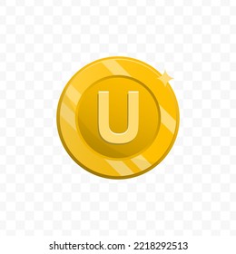 Vector illustration of letter U coin in gold color on transparent background (PNG).