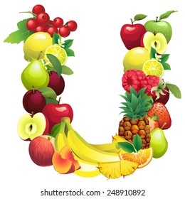 Vector illustration Letter U composed of different fruits with leaves