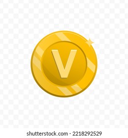Vector illustration of letter V coin in gold color on transparent background (PNG).