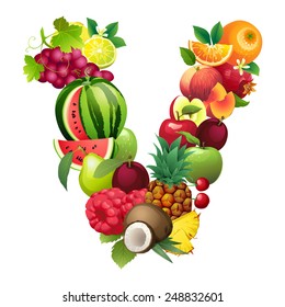 Vector illustration Letter V composed of different fruits with leaves