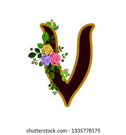 Vector illustration of letter V decorated with roses, isolated on white background
