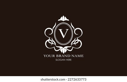 Vector illustration of letter V logo template. Classic floral monogram with decorative elements.