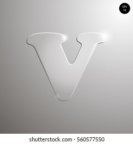 vector illustration of the letter V, on a gray background. Numbers and symbols. Textured materials. Glass alphabet