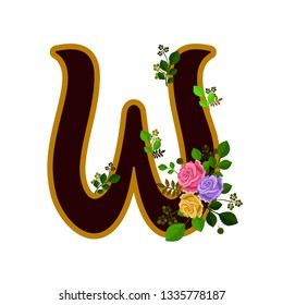 Vector illustration of letter W decorated with roses, isolated on white background
