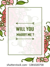 Vector illustration letter will you marry me with pink wreath frame hand drawn