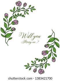 Vector illustration letter will you marry me for frame bouqet purple and leaves green
