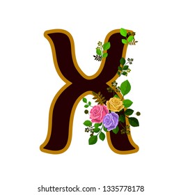 Vector illustration of letter X decorated with roses, isolated on white background