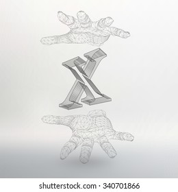 Vector illustration of letter X and hand of lines. Fonts of Mesh polygonal. The structural grid of polygons. Abstract Creative concept vector background. Polygonal design style letterhead and brochure