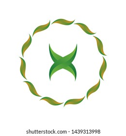 vector illustration letter x with leaf and circle nature icon logo design green color