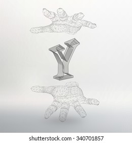 Vector illustration of letter Y and hand of lines. Fonts of Mesh polygonal. The structural grid of polygons. Abstract Creative concept vector background. Polygonal design style letterhead and brochure