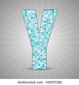 Vector illustration of letter Y made of square blue mosaic. Vector alphabet, type, font with latin letters. Ornament with squares tiles for your floor, wall, bathroom, pool. 