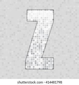 Vector illustration of letter Z made of square grey mosaic. Vector alphabet, type, font with latin letters. Ornament with squares tiles for your floor, wall, bathroom, pool.