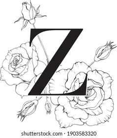 Ilustración vectorial de la letra Z con rosas. Monograma Z con rosas. 