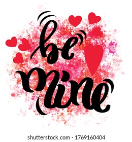 Ilustración vectorial, letras "sé mío" tarjeta de vacaciones con corazones rojos