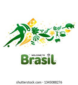 Vector illustration with lettering Brazil 2019. World of Brasil pattern with modern and traditional elements. 2019 trend. Championship Conmeball Copa America 2019 in Brazil.