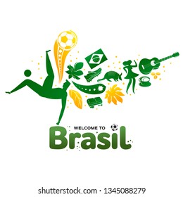 Vector illustration with lettering Brazil 2019. World of Brasil pattern with modern and traditional elements. 2019 trend. Championship Conmeball Copa America 2019 in Brazil.