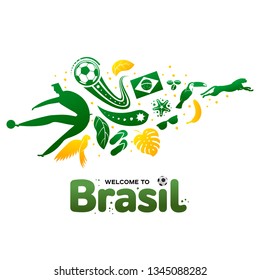 Vector illustration with lettering Brazil 2019. World of Brasil pattern with modern and traditional elements. 2019 trend. Championship Conmeball Copa America 2019 in Brazil.