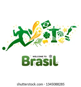 Ilustración vectorial con letra Brasil 2019. Patrón del mundo de Brasil con elementos modernos y tradicionales. Tendencia de 2019. Copa América 2019 en Brasil.