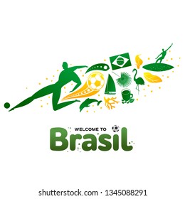 Ilustración vectorial con letra Brasil 2019. Patrón del mundo de Brasil con elementos modernos y tradicionales. Tendencia de 2019. Copa América 2019 en Brasil.