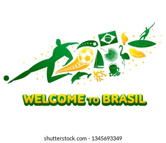 Vector illustration with lettering Brazil 2019. World of Brasil pattern with modern and traditional elements. 2019 trend. Championship Conmeball Copa America 2019 in Brazil.