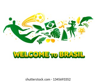 Vector illustration with lettering Brazil 2019. World of Brasil pattern with modern and traditional elements. 2019 trend. Championship Conmeball Copa America 2019 in Brazil.