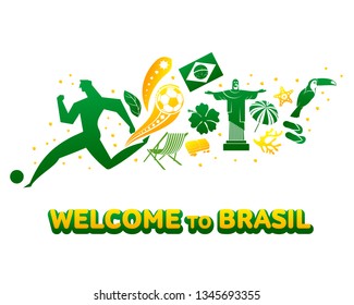 Vector illustration with lettering Brazil 2019. World of Brasil pattern with modern and traditional elements. 2019 trend. Championship Conmeball Copa America 2019 in Brazil.