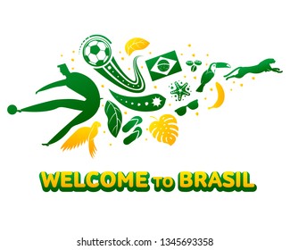 Vector illustration with lettering Brazil 2019. World of Brasil pattern with modern and traditional elements. 2019 trend. Championship Conmeball Copa America 2019 in Brazil.