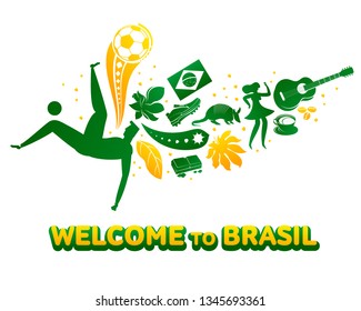 Vector illustration with lettering Brazil 2019. World of Brasil pattern with modern and traditional elements. 2019 trend. Championship Conmeball Copa America 2019 in Brazil.