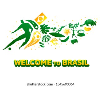 Vector illustration with lettering Brazil 2019. World of Brasil pattern with modern and traditional elements. 2019 trend. Championship Conmeball Copa America 2019 in Brazil.