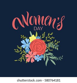 Vector illustration. Lettering. Brush calligraphy. Greeting card with flowers for March 8. International Women's Day.