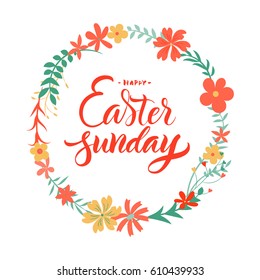 Vector illustration. Lettering. Brush calligraphy. A complimentary handwritten phrase.Happy Easter sunday.