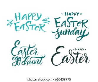 Vector illustration. Lettering. Brush calligraphy. Set of handwritten phrases about Easter. Congratulatory quotes.