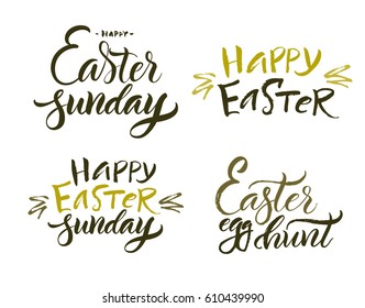 Vector illustration. Lettering. Brush calligraphy. Set of handwritten phrases about Easter. Congratulatory quotes.