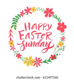 Vector illustration. Lettering. Brush calligraphy. A complimentary handwritten phrase.Happy Easter sunday.